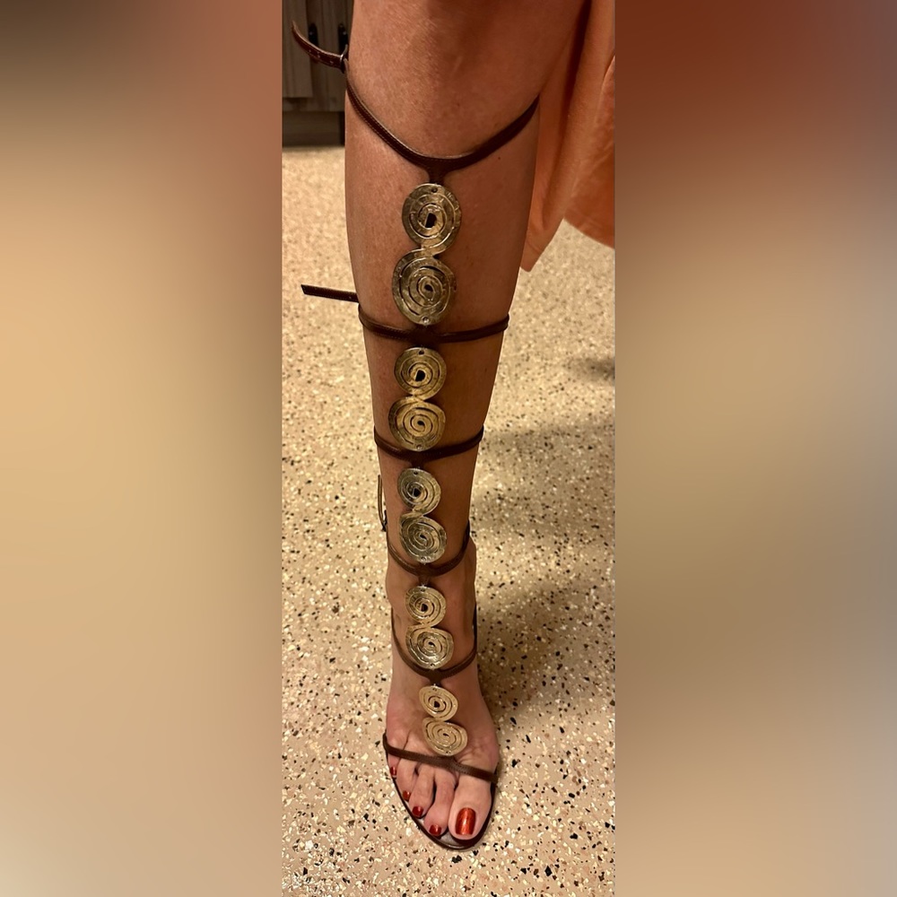 Dolce & Gabbana Brown Leather Gladiator Sandals with Gold Spiral Accents